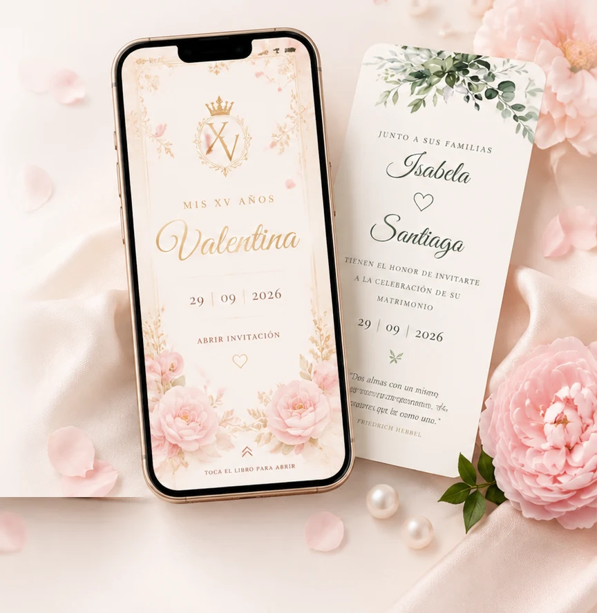 Invitación digital de 15 años abierta en un celular dorado, junto a una invitación de boda, peonías rosadas y perlas sobre seda