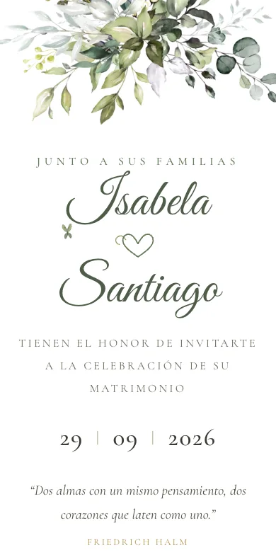 Diseño Eucalipto — Verde oliva y dorado, elegante y fresco. Con cupos por invitado.